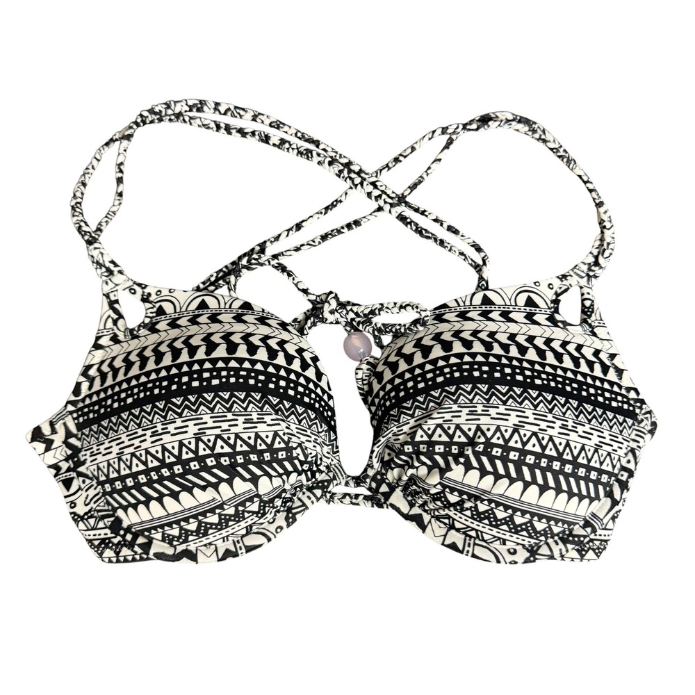 Victoria's Secret Gorgeous Push Up Bikini Top 32D Black White Tribal Geometric